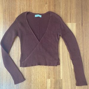 Chocolate Brown Ribbed Faux Wrap Sweater; Sz. S